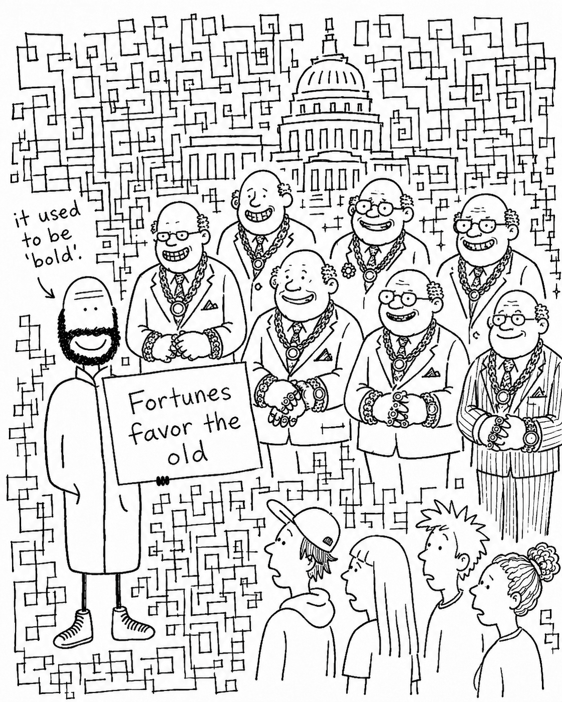 Hobo Beau standing before wealthy older men with a sign that reads, Fortunes favor the old.