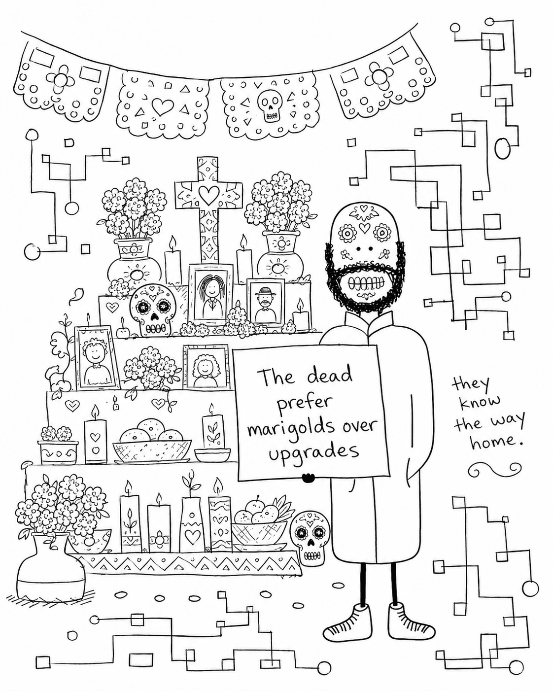 Hobo Beau beside an altar of skulls with a sign that reads, The dead prefer variables over upgrades.