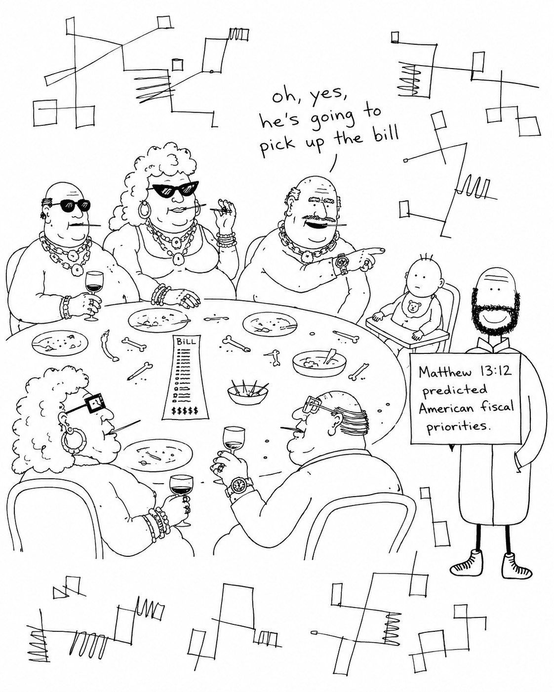Hobo Beau at a crowded dinner table with a sign naming Number 137 as Capablanca's personal assistant.