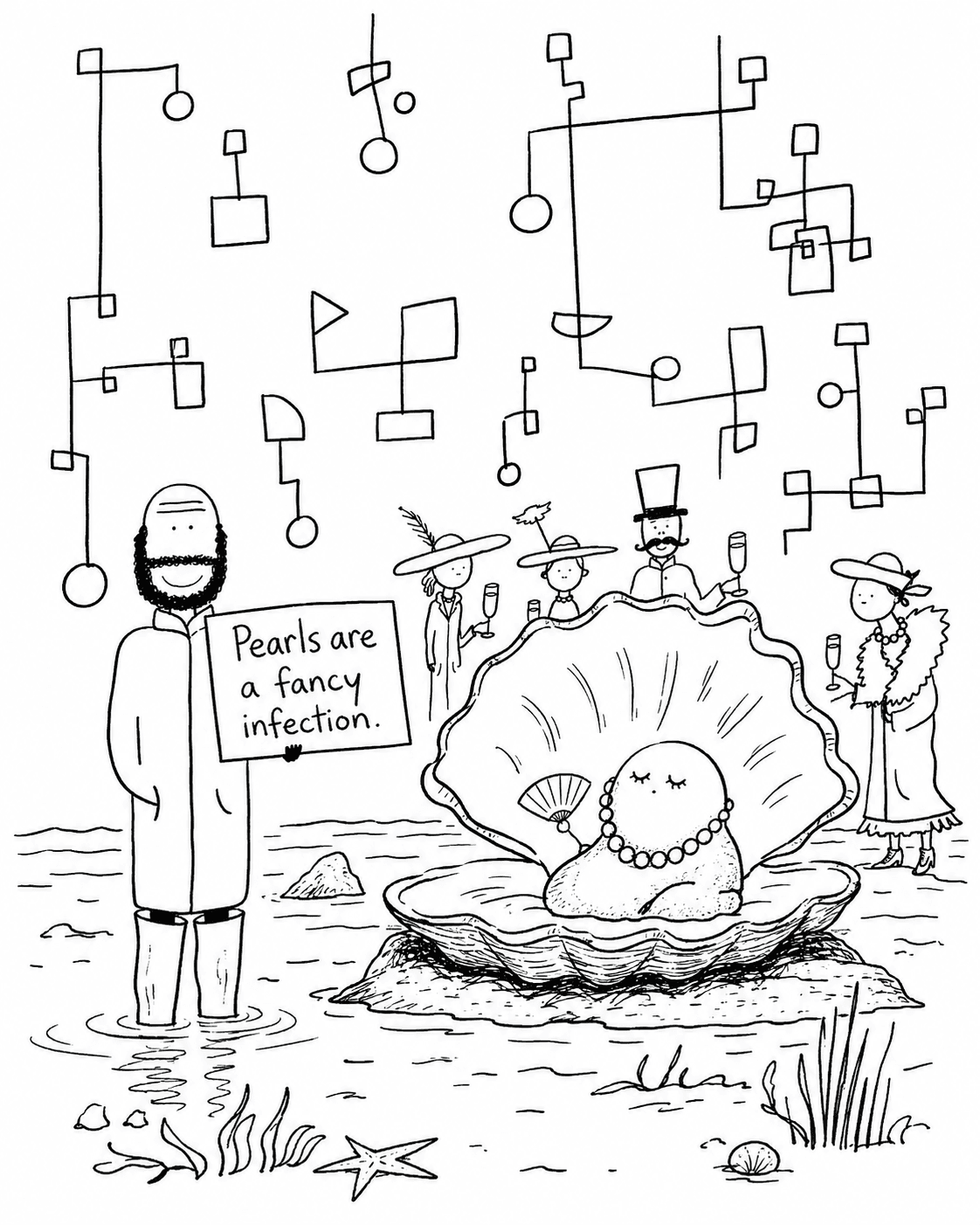 Hobo Beau standing near an open oyster with a sign that reads, Pearls are a fancy infection.