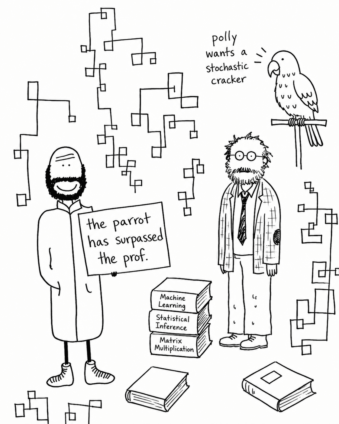 Hobo Beau near a professor and a parrot with a sign that reads, The parrot has surpassed the prof.