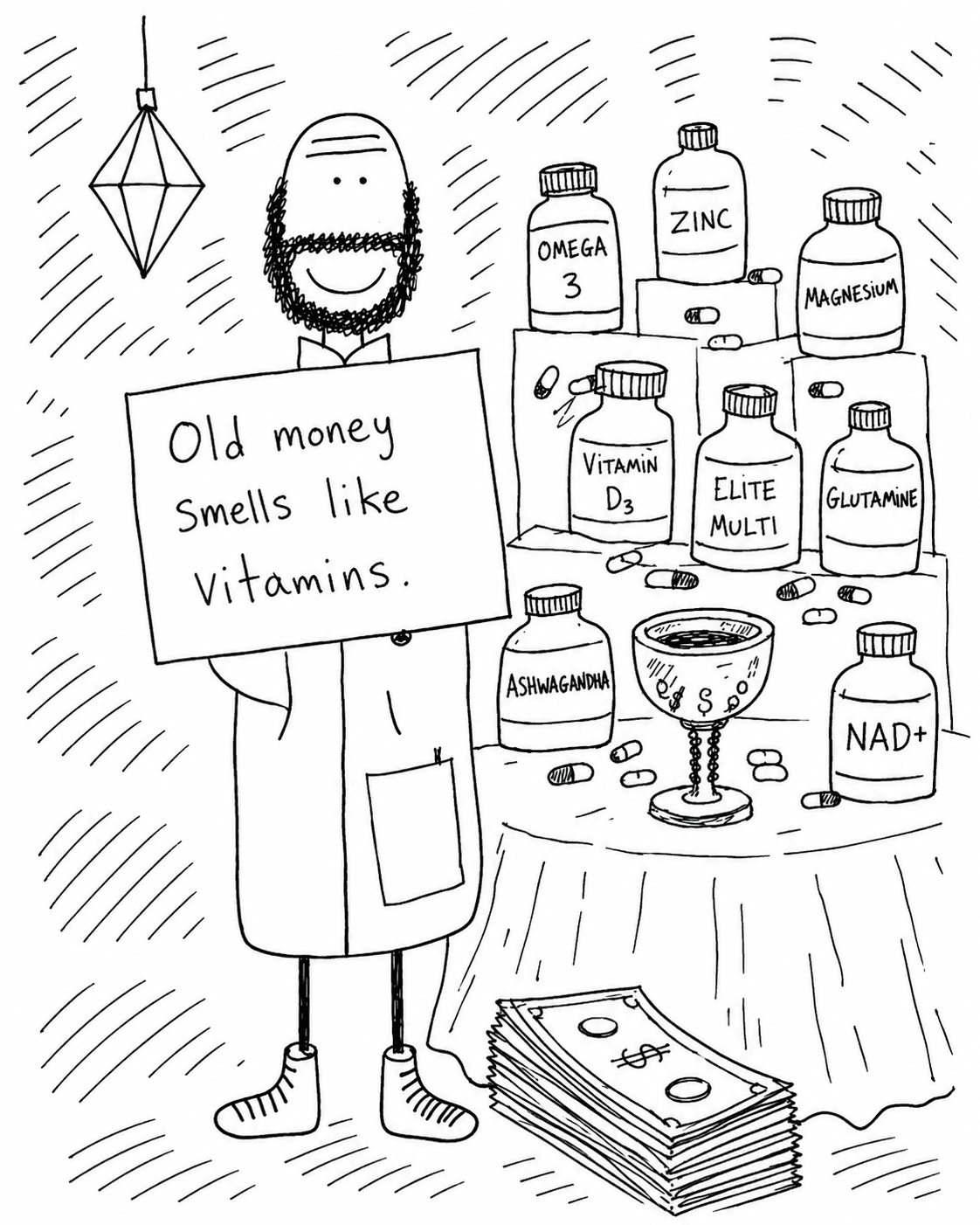 Hobo Beau standing near bottles of supplements and a sign that reads, Old money smells like vitamins.