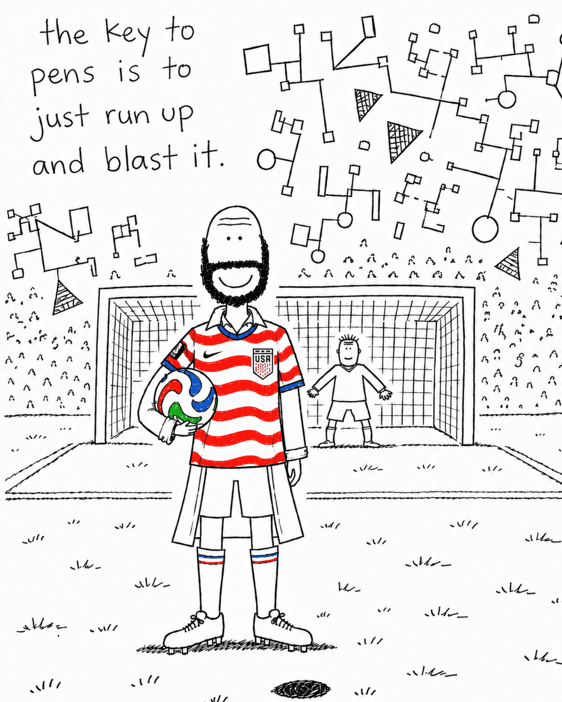 Hobo Beau in a striped shirt holding a soccer ball and a sign about peons, running up, and blasting it.