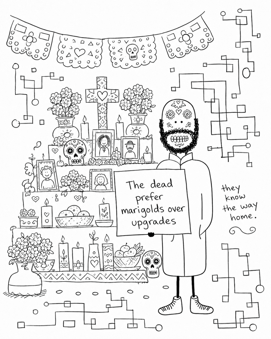 Hobo Beau beside an altar of skulls with a sign that reads, The dead prefer variables over upgrades.