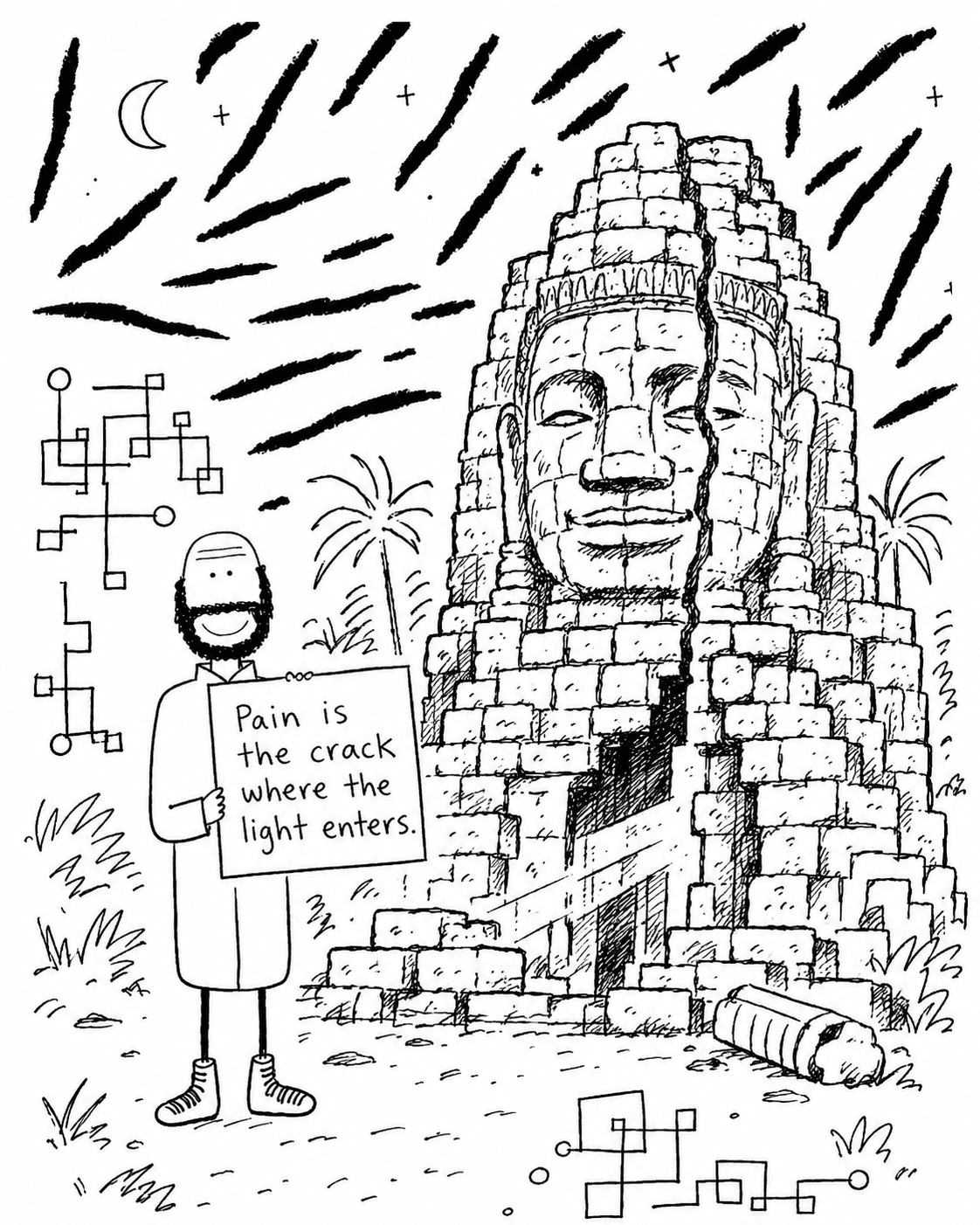 Hobo Beau standing near a cracked stone head with a sign that reads, Pain is the crack where the light enters.