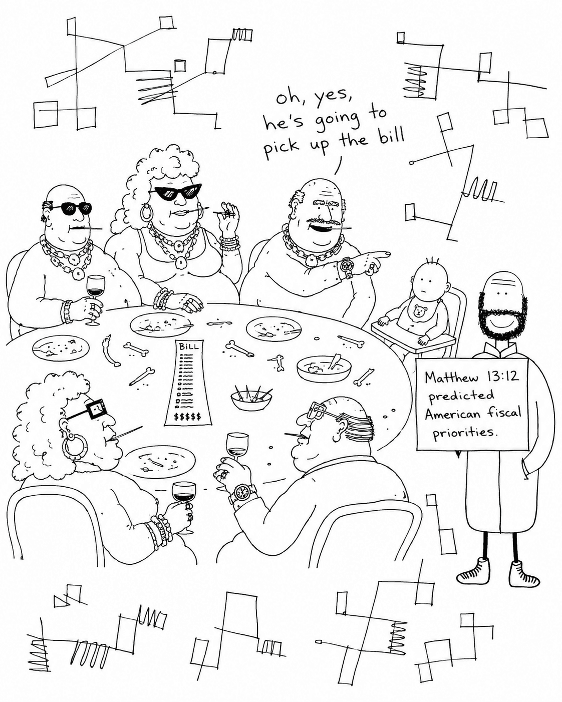 Hobo Beau at a crowded dinner table with a sign naming Number 137 as Capablanca's personal assistant.