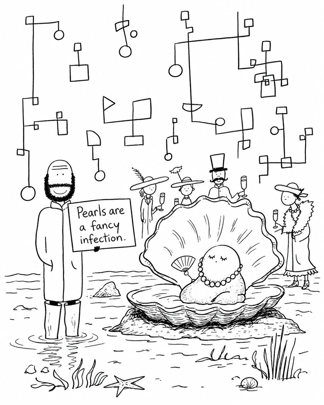 Hobo Beau standing near an open oyster with a sign that reads, Pearls are a fancy infection.