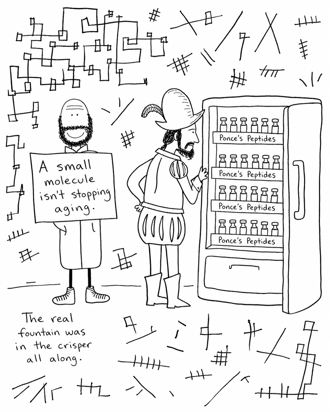 Hobo Beau beside a vending machine labeled Ponce's Peptides and a sign that reads, A small molecule isn't stopping aging.