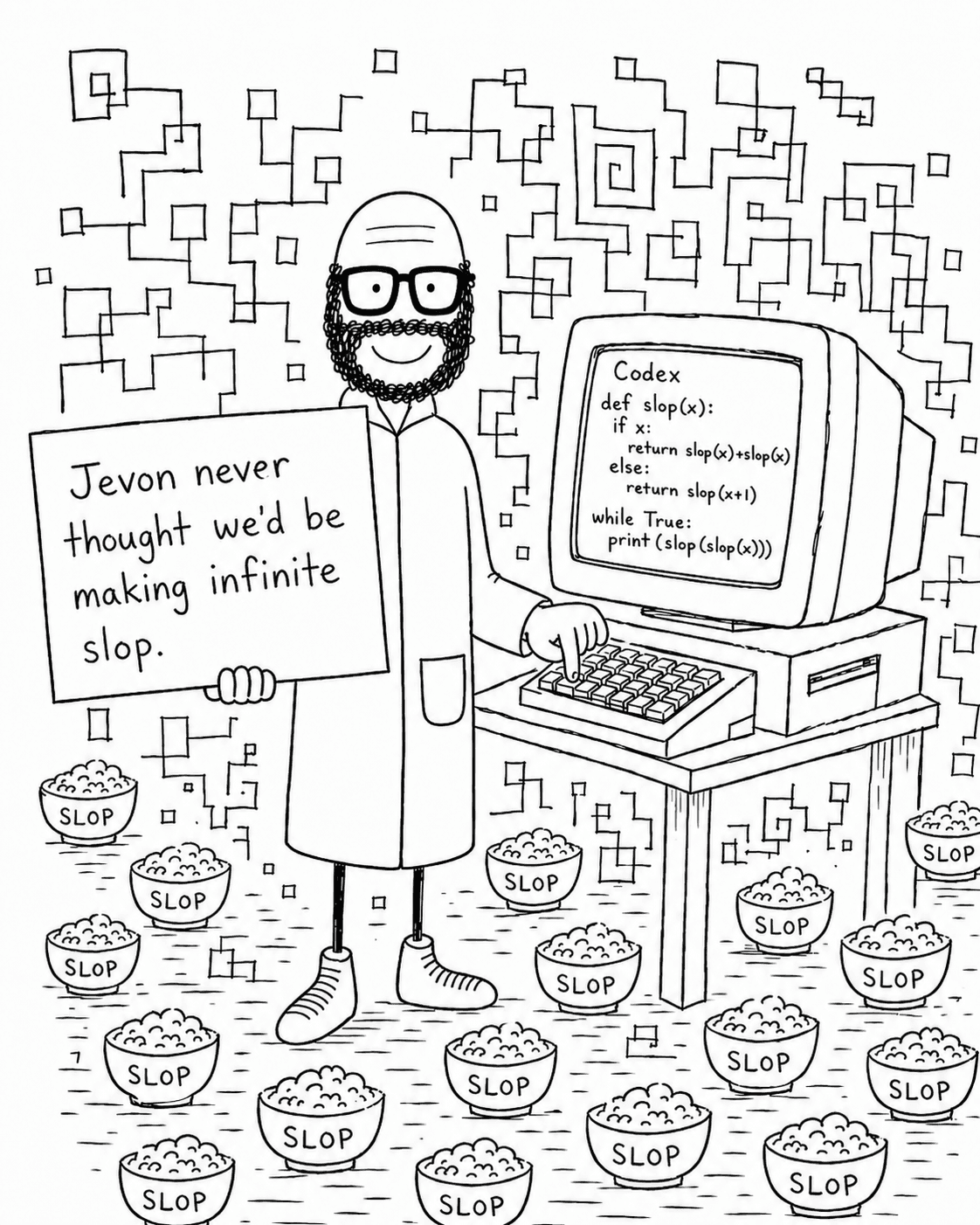 Hobo Beau standing by a computer and many cans of slop with a sign about making infinite slop.