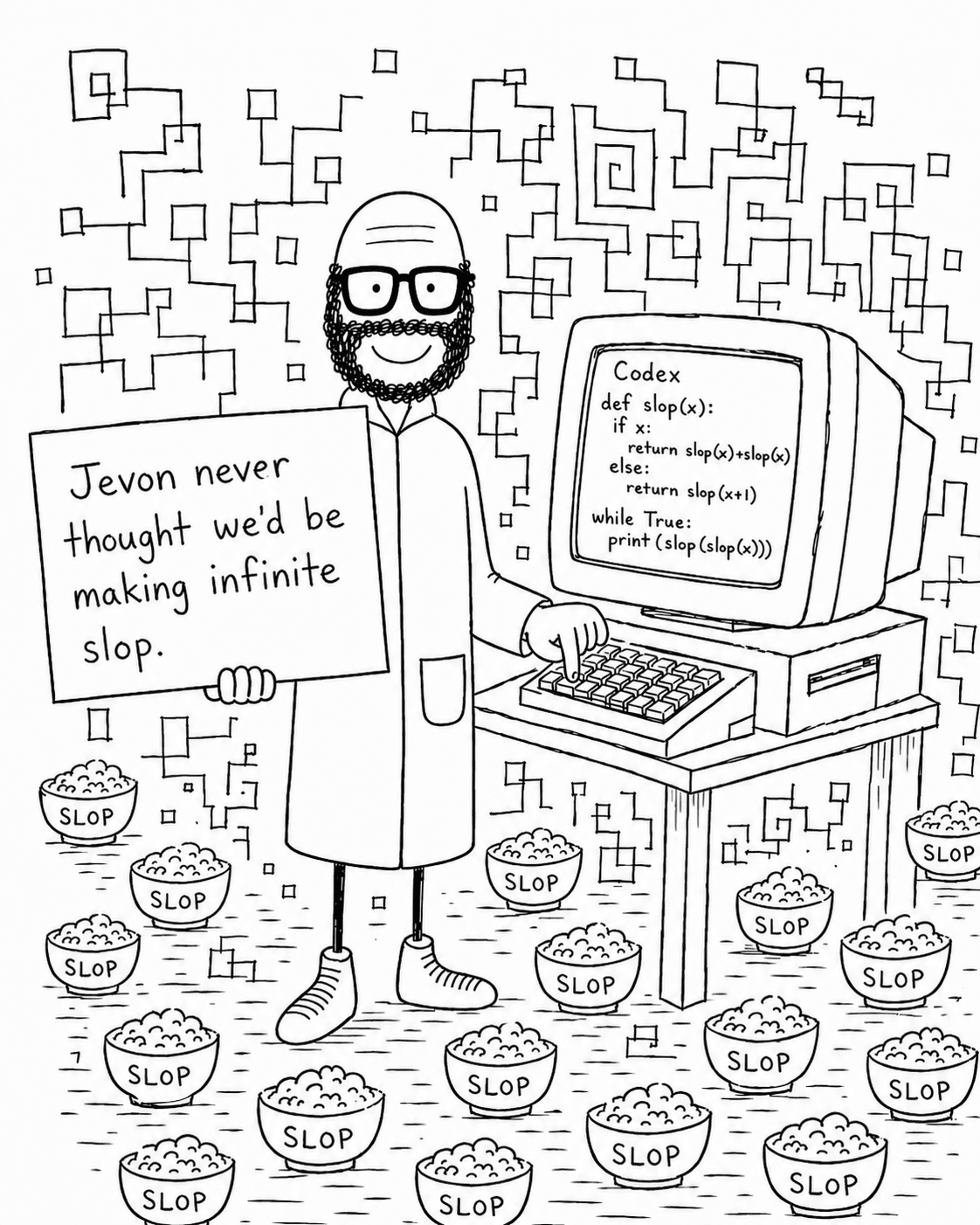 Hobo Beau standing by a computer and many cans of slop with a sign about making infinite slop.