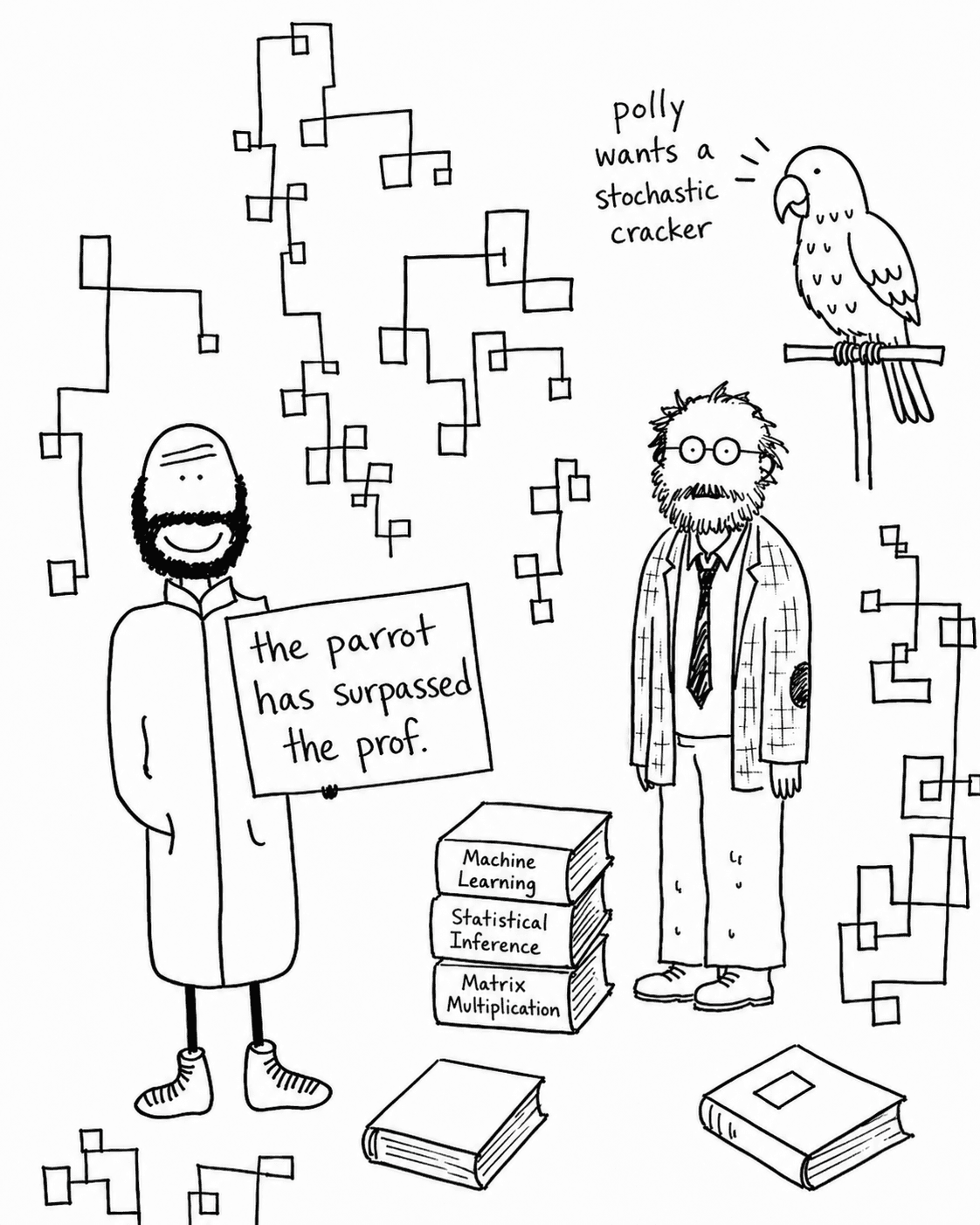 Hobo Beau near a professor and a parrot with a sign that reads, The parrot has surpassed the prof.
